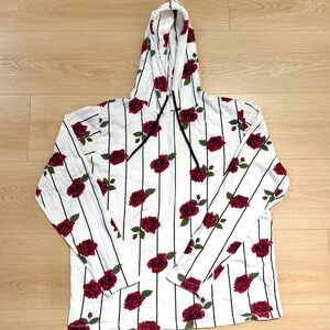 Cactus Man White Hoodie with Red Roses and Stripe Print